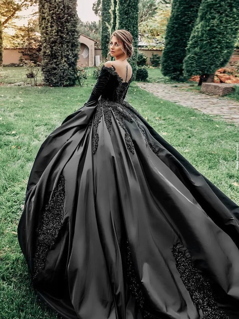 Cheap Ball Gown Black Wedding Dresses Satin Tulle Sleeveless Prom Dres –  MyChicDress