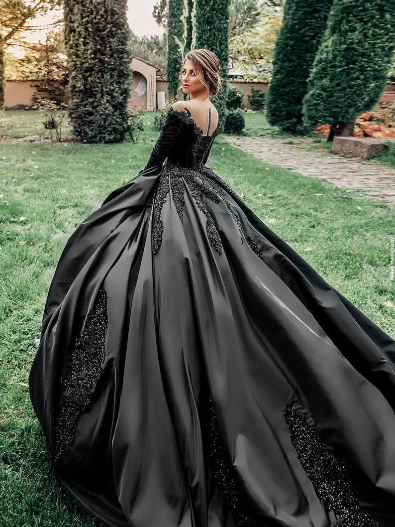 Black Gothic Princess Ballgown Wedding With Sheer Neckline, Satin Fabric,  Long Sleeves, Lace Applique, And Beading Plus Size From Lookof, $214.98 |  DHgate.Com