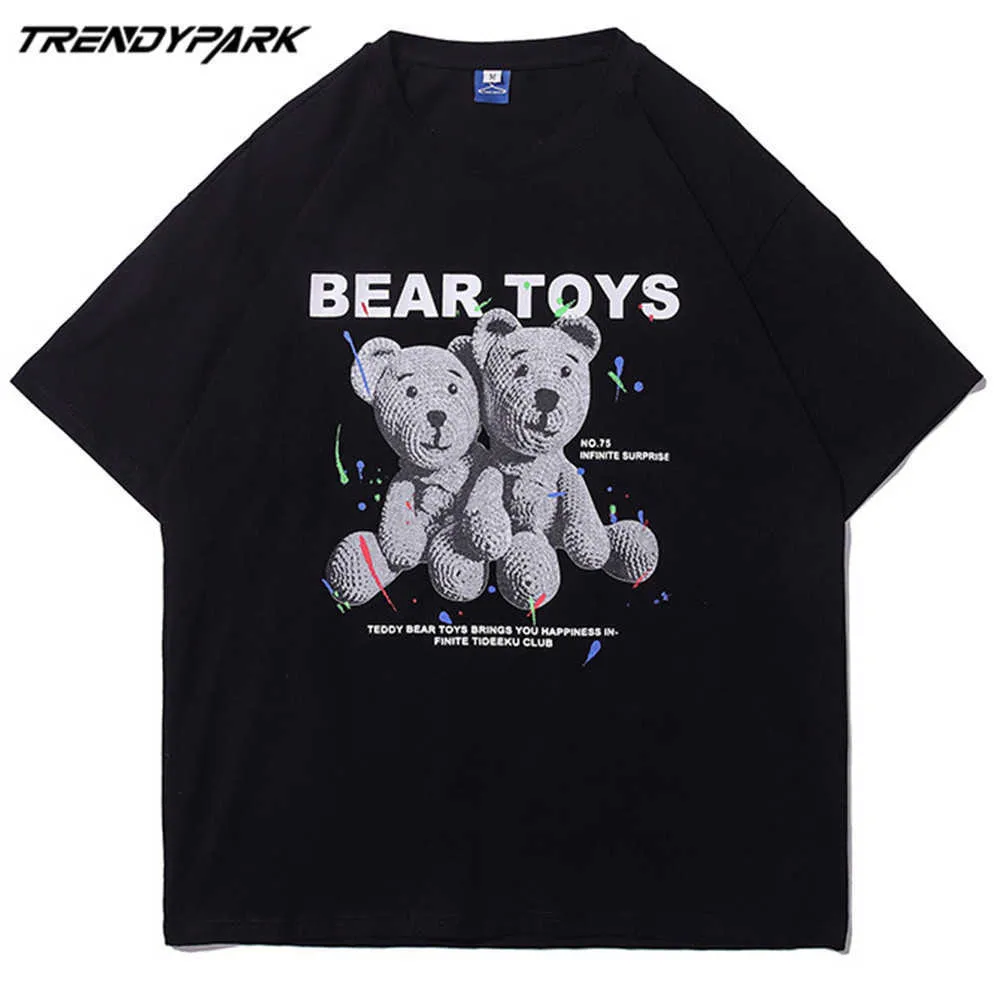 Men's Bear Toys T-shirt Summer Short Sleeve Printed Tee Hip Hop Oversized Cotton Casual Harajuku Streetwear Top Tshirts Clothing 210601