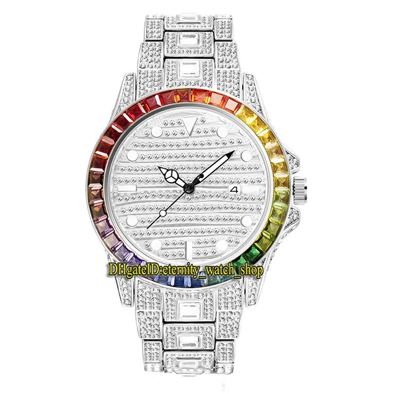 MISSFOX éternité V307 Hip hop Mode Hommes Montres CZ Diamant Incrustation Cadran Quartz Mouvement Hommes Montre Glacé Couleur Arc-En-Ciel Gros Diamants Lunette Boîtier En Alliage Bracelet Argenté