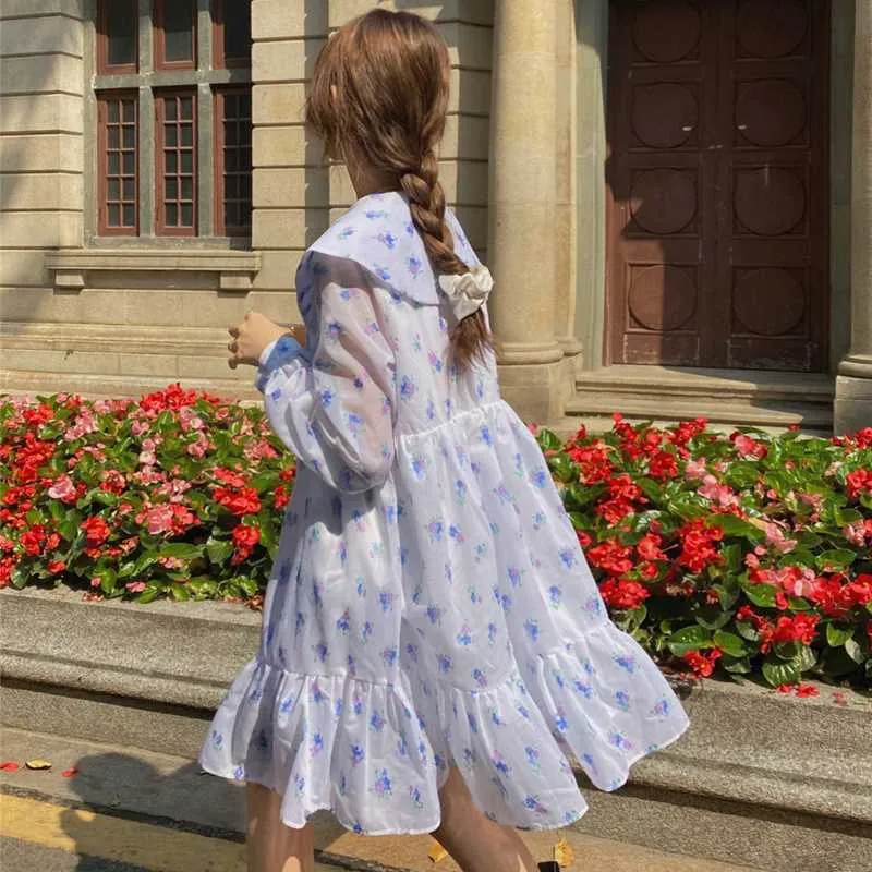 Chic Koreański Słodki Luźny Kwiatowy Druku Peter Pan Collar Dress Kobiety Mini Puff Długi Rękaw Doll Retro Vestido de Mujer Cienkie lato 210610