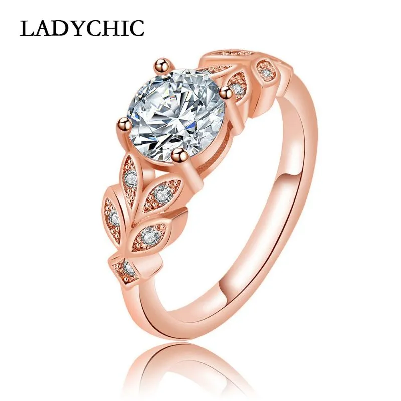 Wedding Rings Ladchic Högkvalitativ Rose Vit Guldfärg Kristall Trendig Elegant Leaf Flower Design Kvinnor Smycken Gåvor LR1080