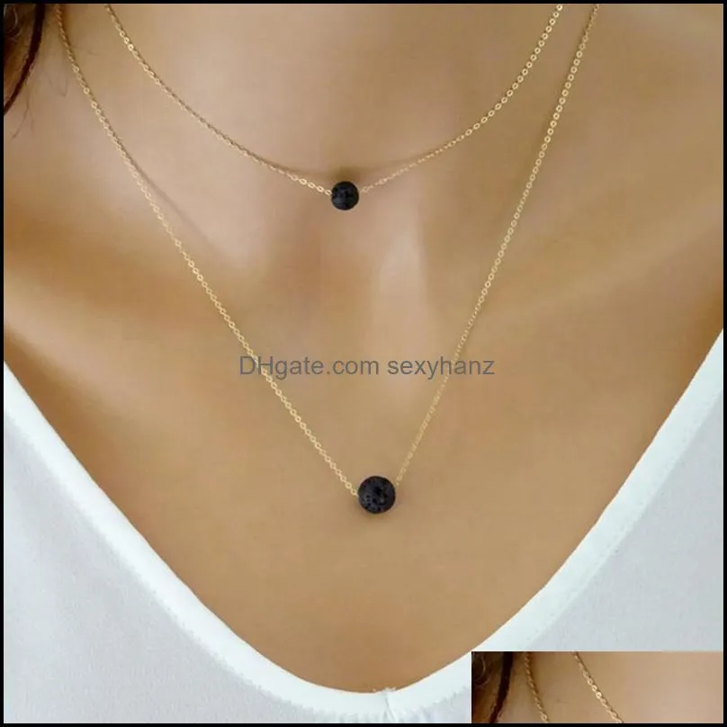 Pendant Necklaces & Pendants Jewelry Simple Design Double Layers Essential Oil Aromatherapy Nature Bead Lava Stone Diffuser Necklace Drop De