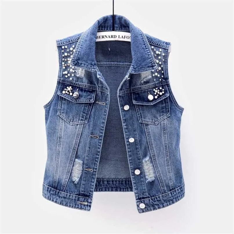 5XL grande taille sans manches femmes gilet été Denim gilet mode décontracté court jean veste perlée trous mince manteau 211120