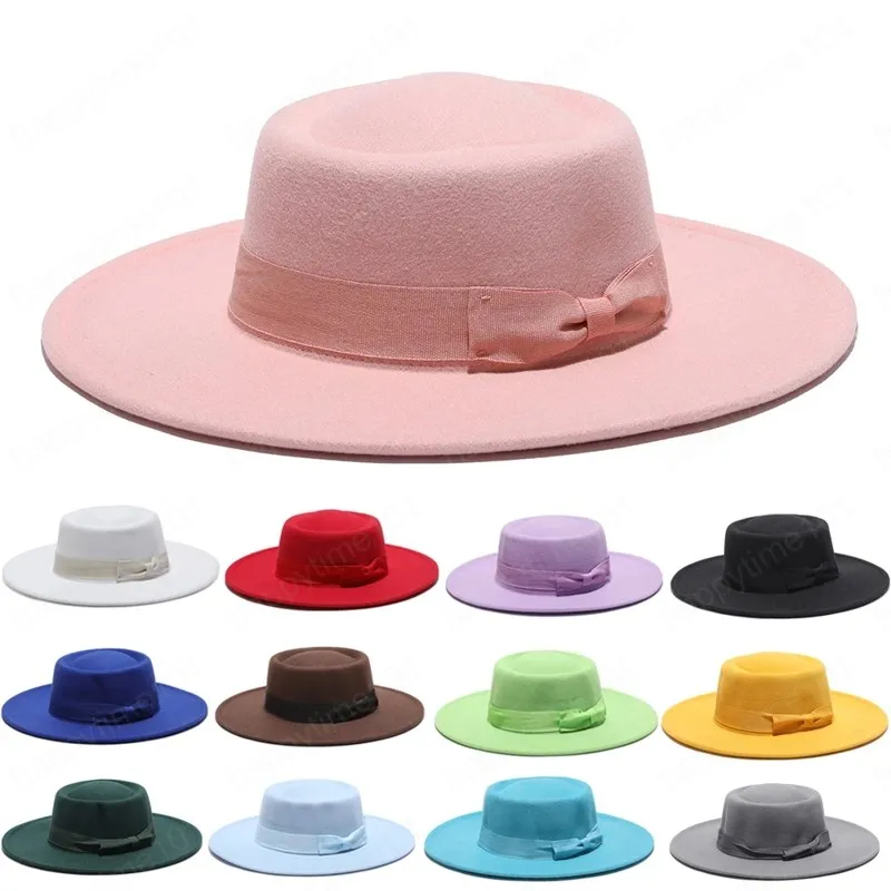 Sombreros fedora de invierno para hombres y mujeres, sombrero Fedora de Jazz de fieltro de lana de ala ancha de color sólido a la moda, gorra plana con lazo superior Unisex