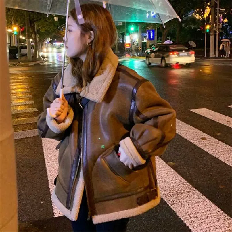 Women Faux Leather Fur Coats Sheep Shearling Thicken Jacket Lady Fashion Long Sleeve Zipped Outerwear Winter Warm Coat 211220