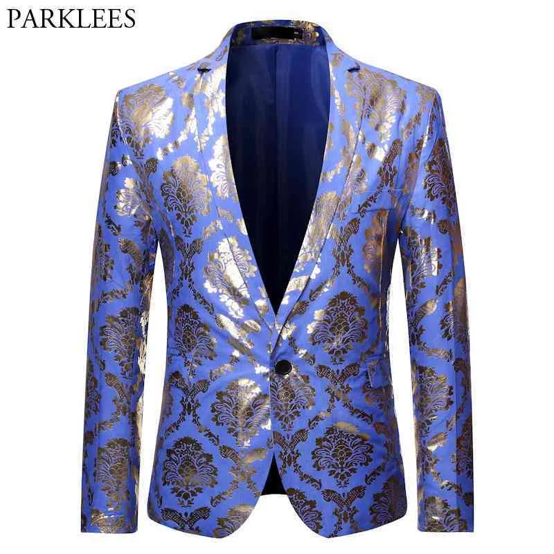 Royal Blue Tuxedo Blazer Куртка Мужчины Стильные Золотые Распечатать Мужское Платье Blazers Одна кнопка Slim Fit Party Wann Blazer Masculino 210522