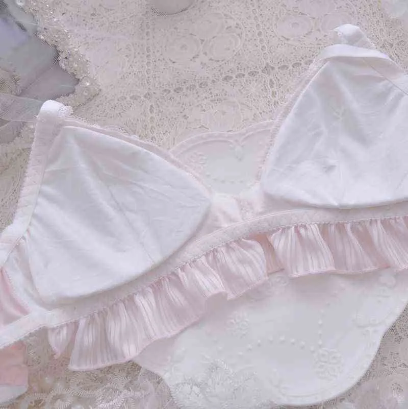 Sweet Cute Lolita Bra and Panty Set Underwear Women Girls Ruffles Blue Wire  Free Pink Bra Lace Bralette (Color : Pink, Size : L 80BC 85AB)