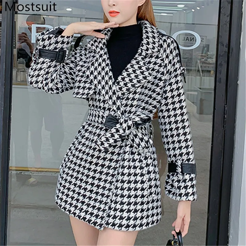 Houndstooth Viintage Woolblend manteau femmes hiver col rabattu ceinturé mode coréenne dames manteau d'extérieur pardessus femme 210518