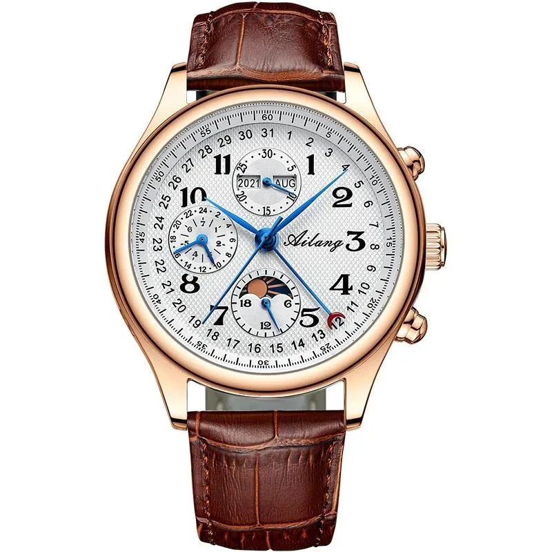 ساعة Wristwatches Ailang Mens Fashion Rose Gold Case Three عيون مقاومة للماء تقويم حزام جلدي مضيئة 6023