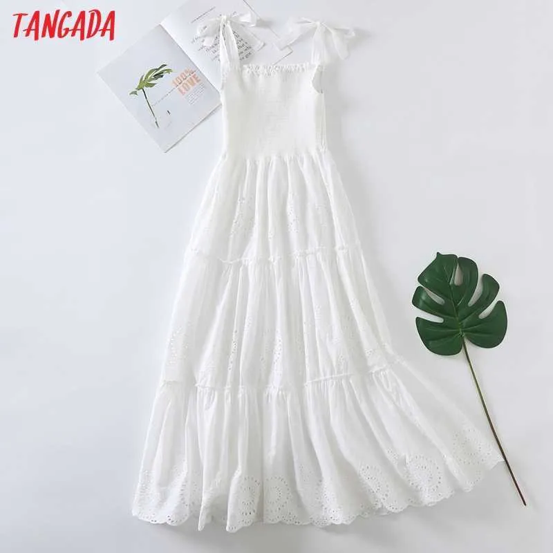Tangadaの女性の刺繍のロマンチックな綿のドレスボウスノースリーブの背中のない夏のファッションレディーボードレスvestido 6h57 210609