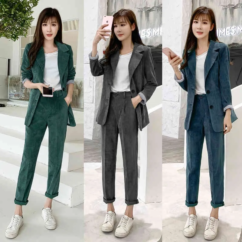 Vår och höst Elegant Kvinnors Pantsuit Chic Fashion Green Corduroy Office Suit 2 Piece Set Casual Blazer Kvinna Kvinnor 210514