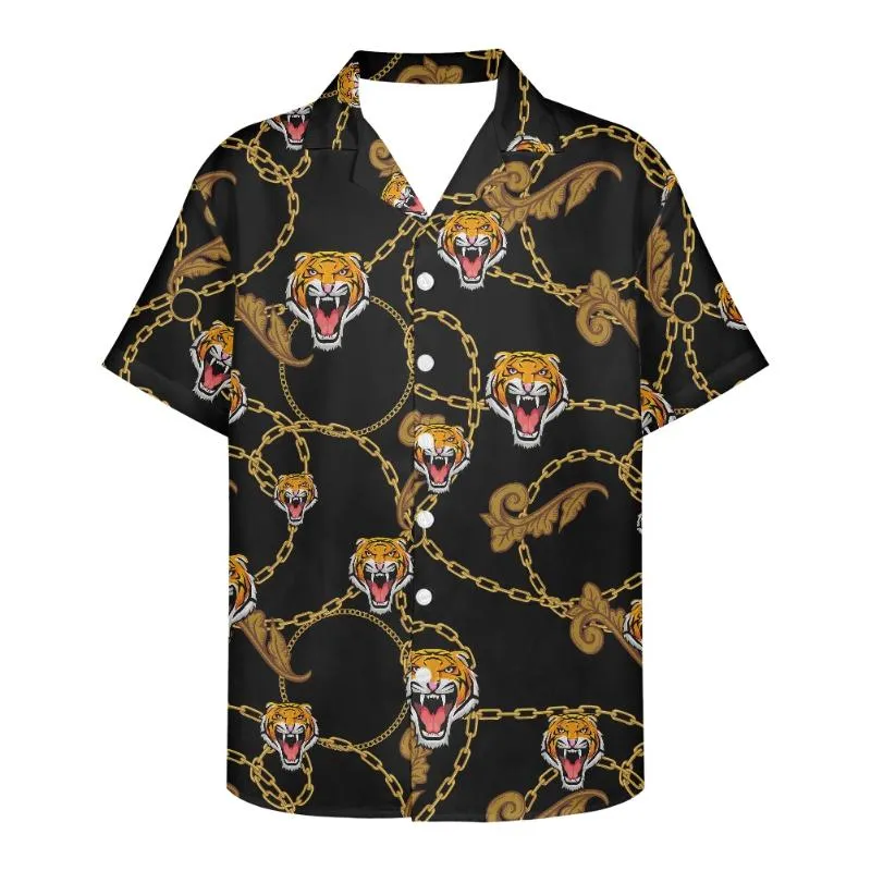 Mäns Casual Shirts 3D Digital Print Men Sommarskjorta Tiger Metal Chain Mönster Design Svart Plus Storlek Beach Party 5XL Bröllopslitage