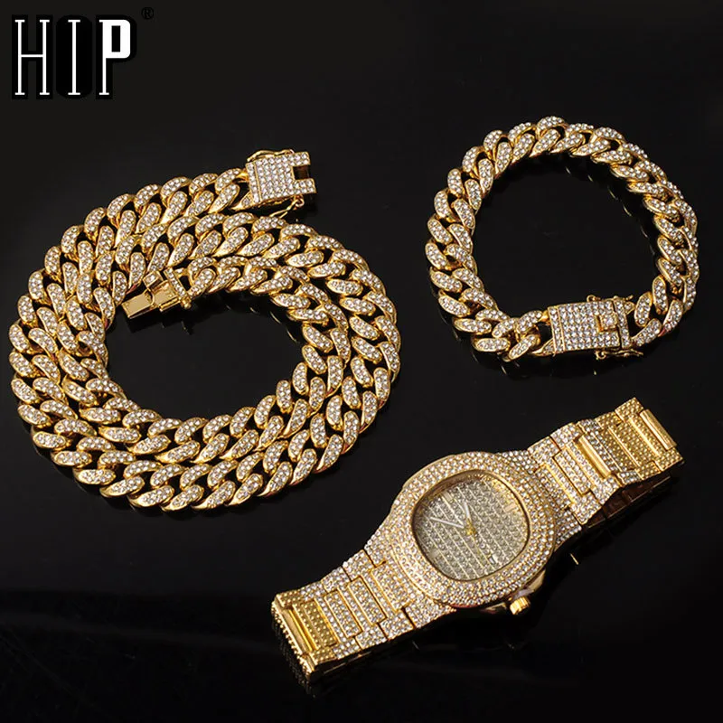 Halskette + Uhr + Armband 3-teiliges Set Hip Hop Miami Curb Cuban Chain Gold Voll vereist aus gepflasterten Strasssteinen CZ Bling für Männer Schmuck X0509