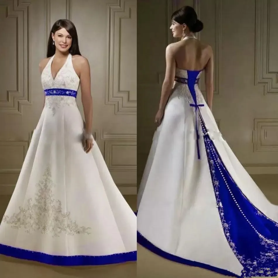 Marfim do vintage e azul borgonha azul cetim uma linha vestidos de casamento vestido pescoço halter aberto volta rendas para cima tribunal feita por bordado casamento vestidos nupciais