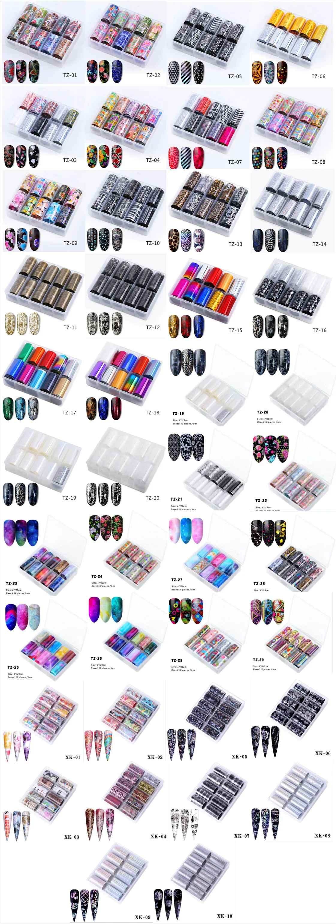 40 أنماط 10 أسطوانة Sky Sky Nail Foils Holographic Transfor