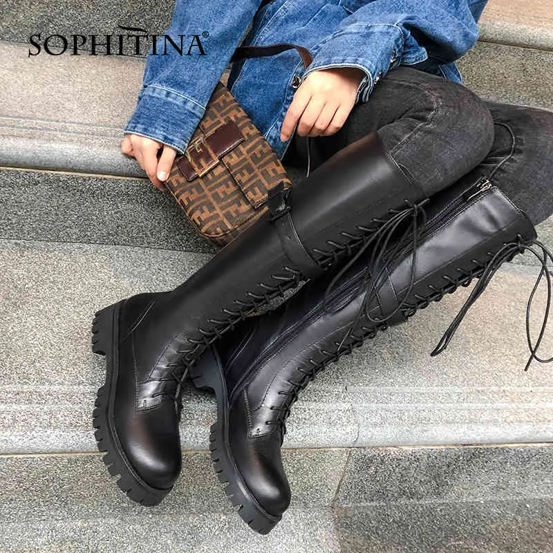 Sophitina High Boots Women Fashion Platform Premium Läder Buckle Zipper Skor Rund Toe Mid Heel Casual Kvinnor Skor SO715 210513