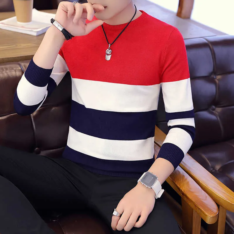 男性のセーター春秋の学生韓国のスリムな若者の縞模様の赤と黒の2色m-xxl 210909