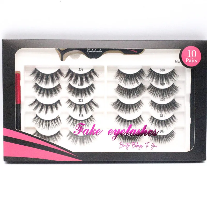 Makeup 10 Pairs Magnetic/Self-adhesive False eyelashes Set Mixed Styles 2pcs Liquid Eyeliner with Tweezer No Glue Needed High quality