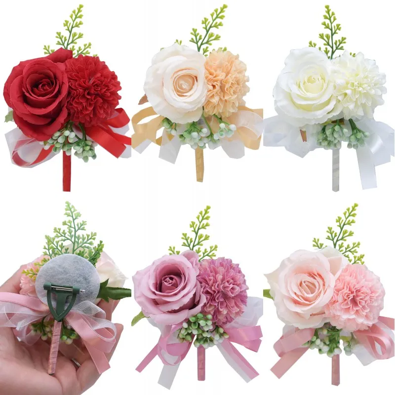 Blomma handled corsage boutonniere handgjorda armband röda rosa konstgjorda peony rosa corsages bröllop brudtärna fest kostym dekor