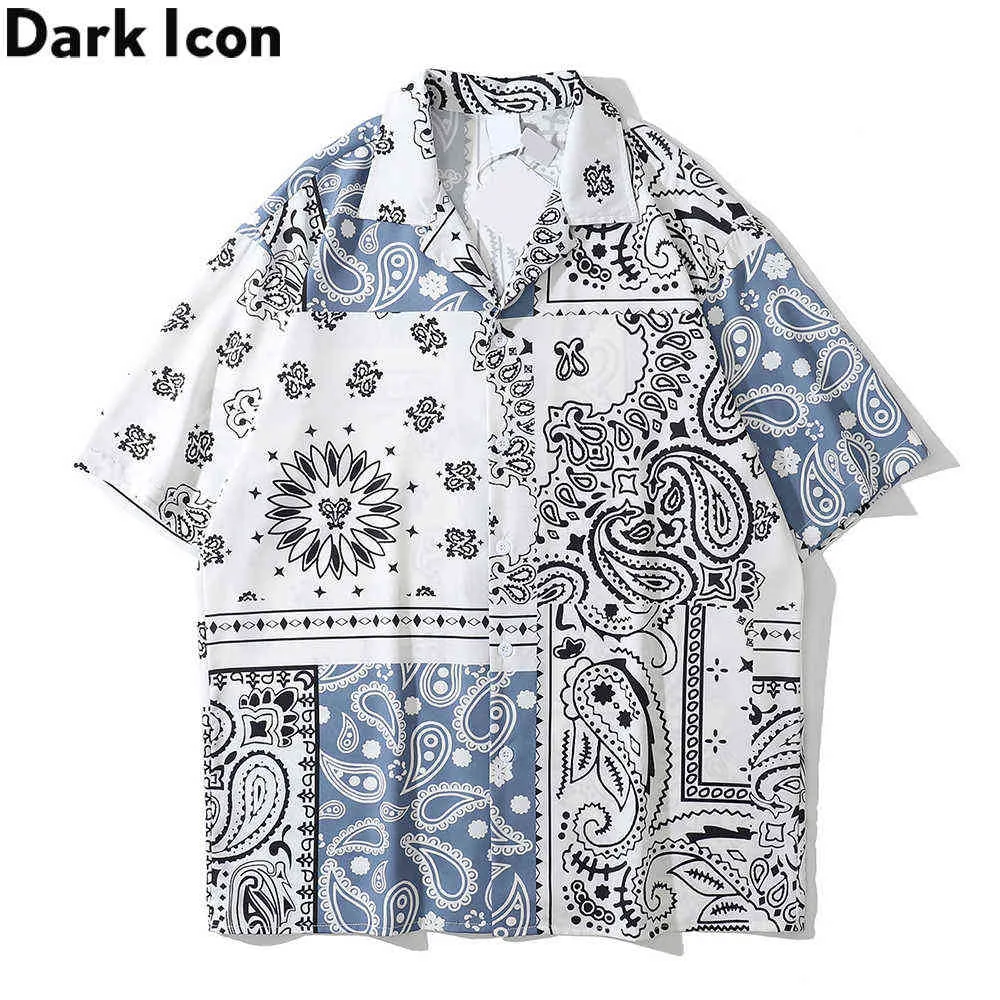 Branco azul bandana patchwork polo camisa homens verão colarinho capa masculina de manga curta top 210603