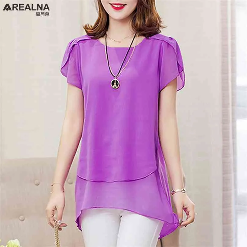 Blusas de verano de estilo coreano para mujer, camisa holgada de manga corta abullonada de gran tamaño, blusa de chifón con cuello redondo de talla grande 5XL, Tops de ropa 210719