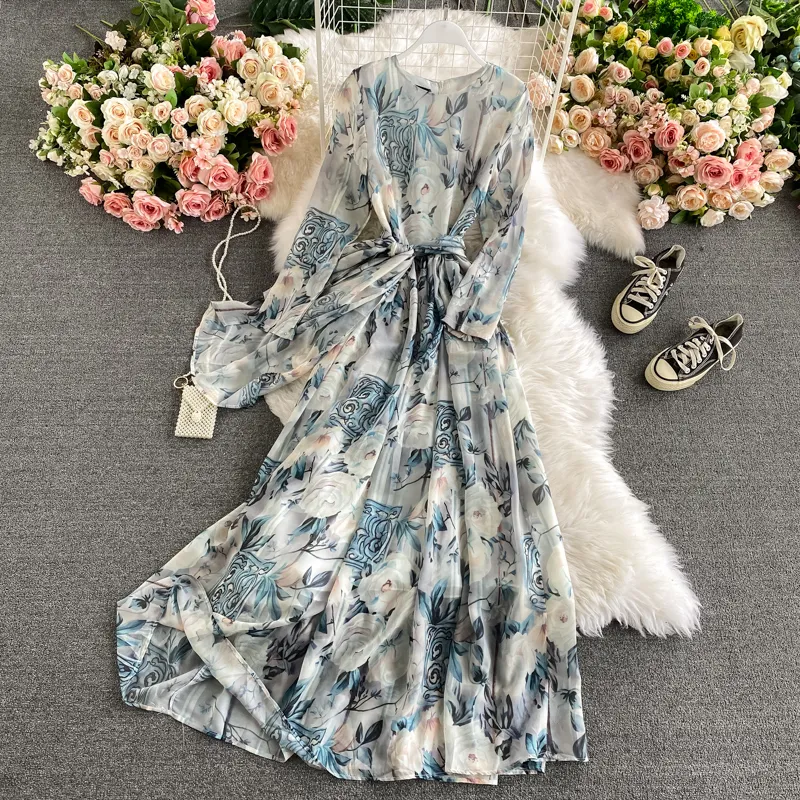 Sommer Neue Ankunft Frauen Retro Oansatz Blumen Druck Kleider Damen Vintage Hohe Taille Schlank Chiffon Plus Größe Lange Kleid 2022