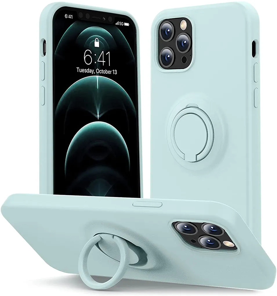 Custodia in silicone liquido con anello per cavalletto per iPhone 12 11 pro max XS XR X 6 7 8 Plus Custodia protettiva per tutto il corpo sottile