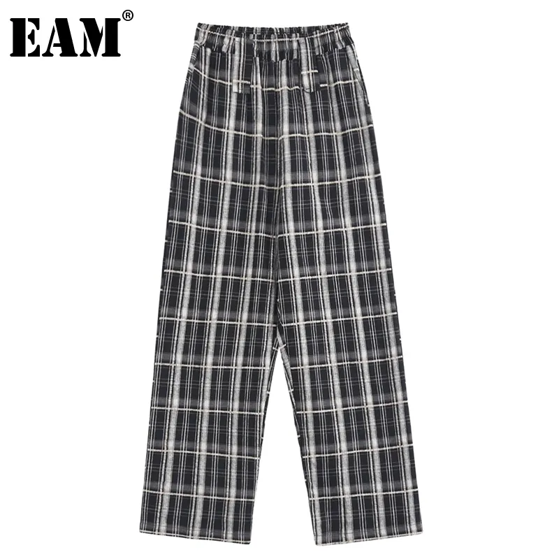 [EAM] cintura alta elástica negro a cuadros pantalones de talla grande pantalones de pierna ancha de corte holgado moda de verano para mujer 1DD6814 21512