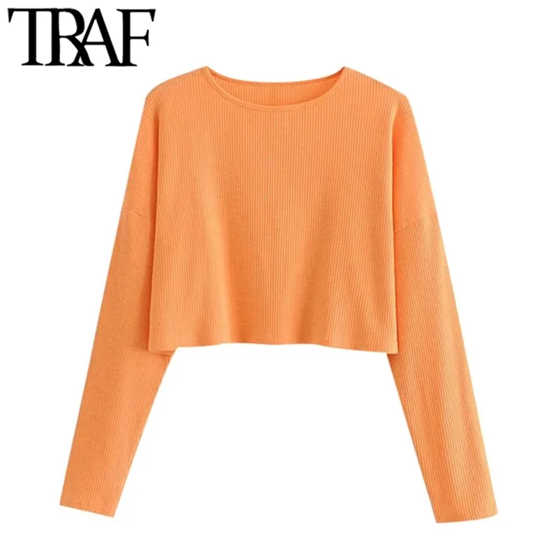 Femmes Mode Lâche Recadrée Orange Chandail Tricoté Vintage O Cou À Manches Longues Femme Pulls Chic Tops 210507