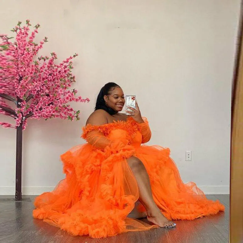 ファッション明るいオレンジマタニティチュールスリープウェアの結婚式のローブ妊娠女性アート写真のドレス注文の長袖パーティーイブニングドレス