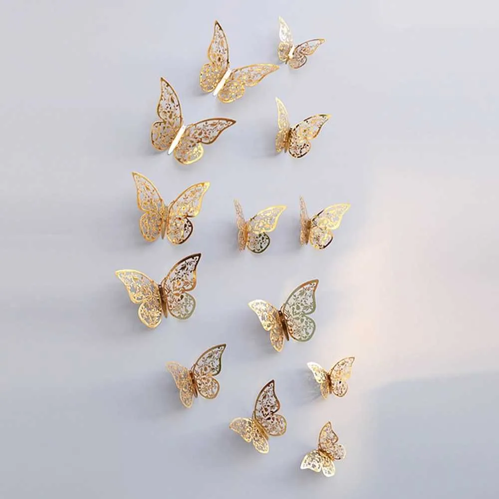 Autocollants muraux papillon 3D, 12 pièces/ensemble, papier peint creux amovible, sparadrap d'art Mural pour chambre à coucher, salon, décoration de la maison