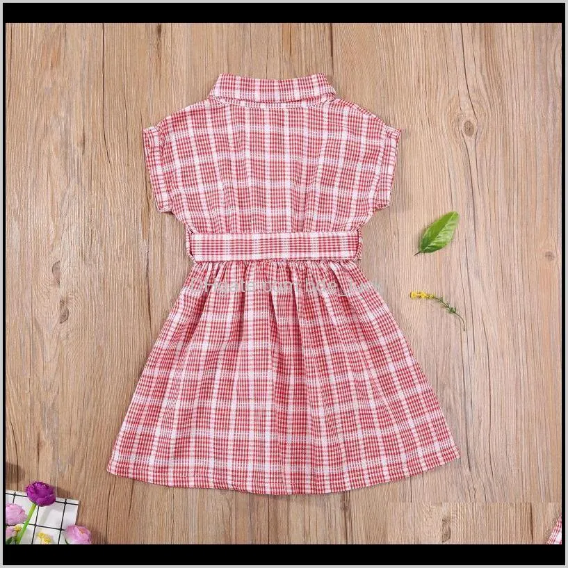 Girls Dress Casual Clothing Red Plaid Print Button Short Sleeve A -line With Bow Belt Girl`s Dresses