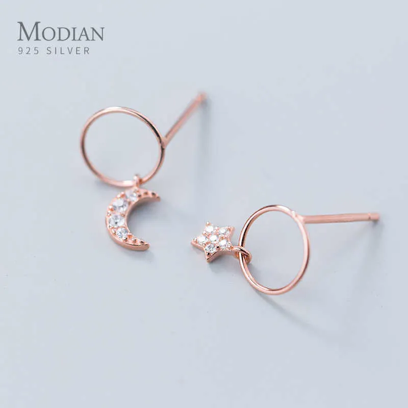 925 Sterling Silver Cute Round Swing Star And Moon Fashion Design Stud Earrings for Women Jewelry Gift S925 210707