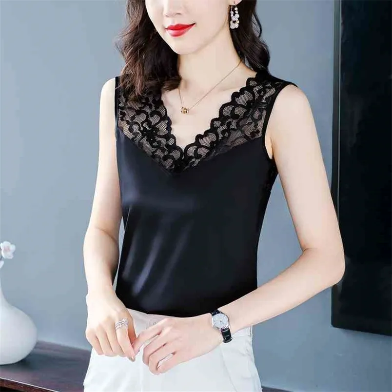 Été coréen mode soie débardeur femmes satin bureau dame dentelle solide plus taille xxxl / 5xl vêtements blancs pour 210531