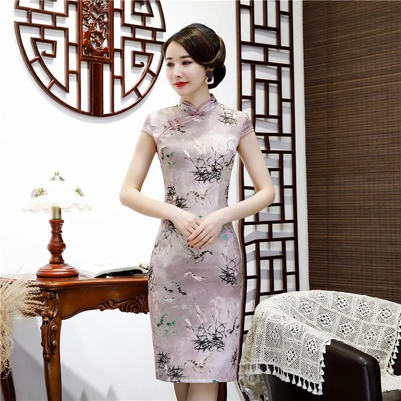 Etnisk klädspets kvinnlig mitten av längden cheongsam sexig tryck blomma mandarin krage vestidos kinesisk stil vintage qipao party prom klänning gow