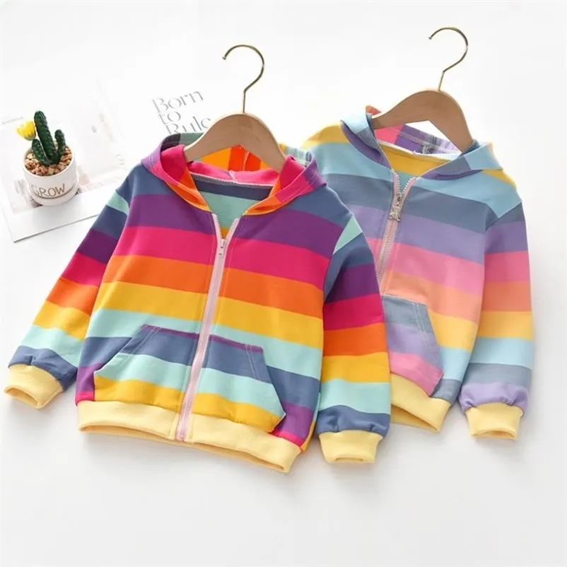 Meninas Casacos Arco-íris Bebê Cardigan Estilo Fino Algodão Primavera e Outono Crianças Jaqueta Zip Com Capuz Meninas Casaco Crianças1-8Y 211106