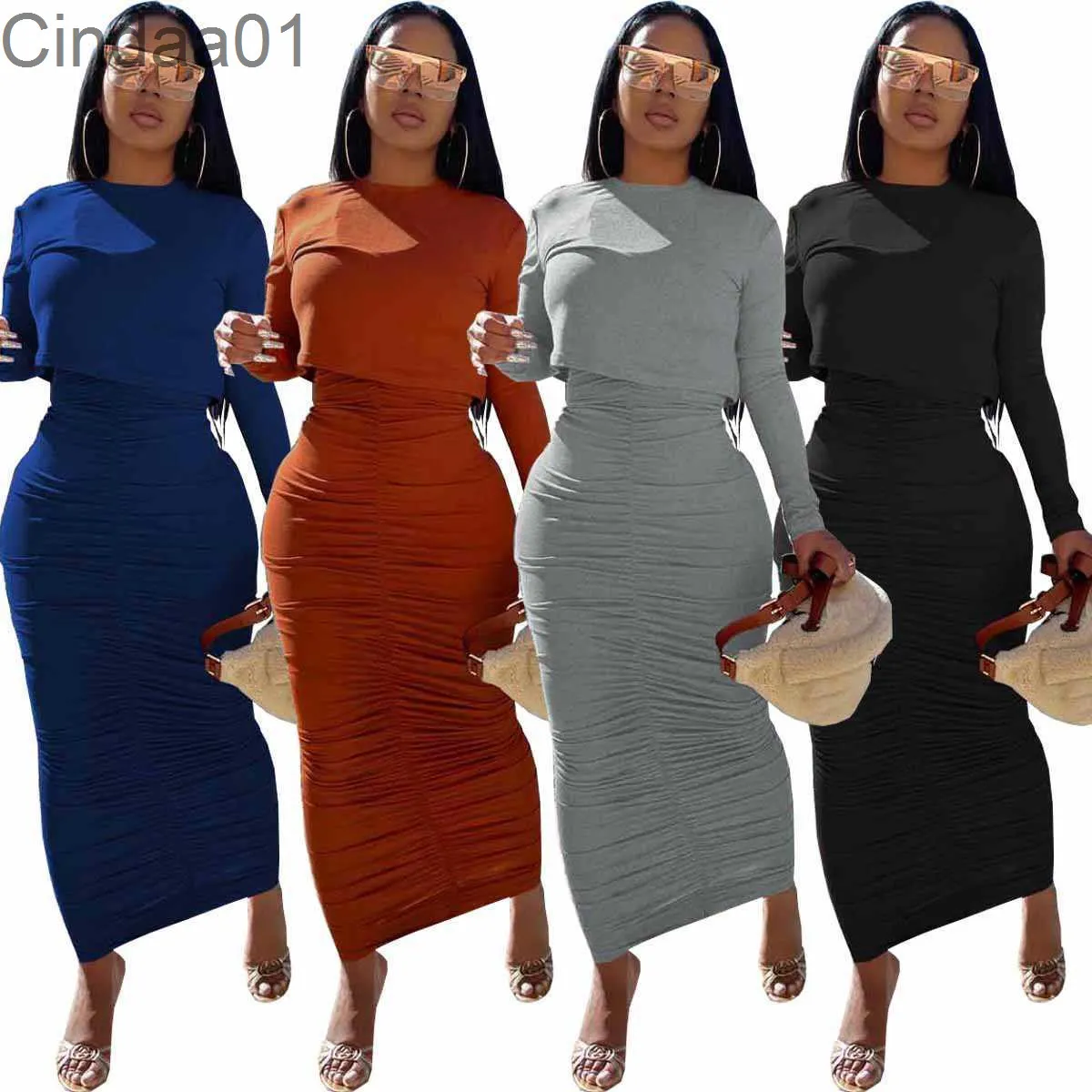Женский пуловер юбка набор дизайнер сплошной цвет плиссированный с длинным рукавом круглые шеи 2 шт. Жилет платье в осенью и зимой 4 цвета
