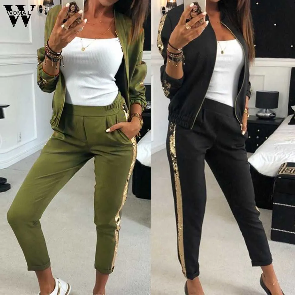 Womail Women Dressuit Jesień Moda Kobiet Dwa Kawałki Z Długim Rękawem Cekiny Kurtka + Długie Spodnie Zestaw 2 sztuk Zestaw Sporta Kostium Kobiet 831 Y0625