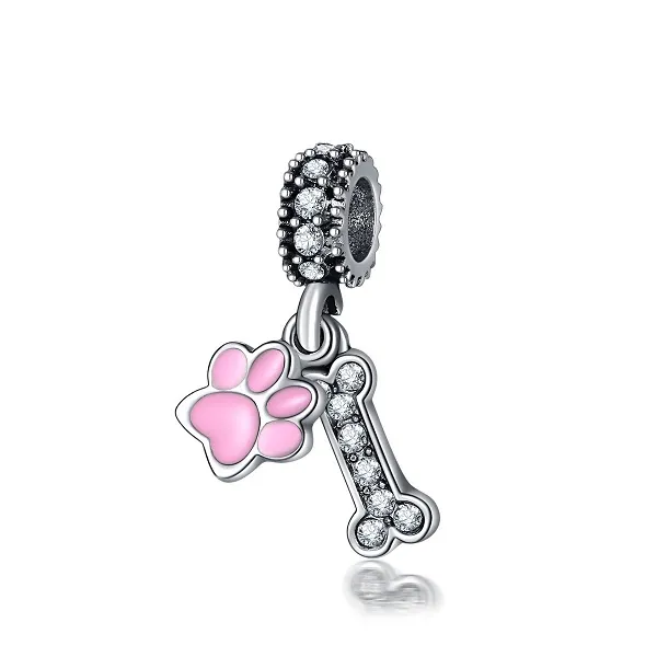 Fit Pandora Braccialetto di Fascino Ciondoli in Argento Europeo Cartone Animato Simpatico Osso di Cane Zampa Stampa Perline di Cristallo Catena di Serpenti Fai da Te per Le Donne Braccialetto Collana Gioielli