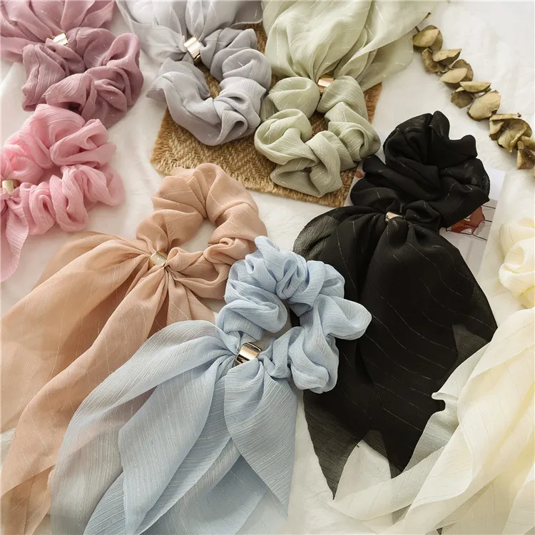 Yeni Tatlı Şifon Uzun Şerit Scrunchie Şeker Renk Kadın Saç Eşarp Hairband Kauçuk Bant Kravat Saç Aksesuarları