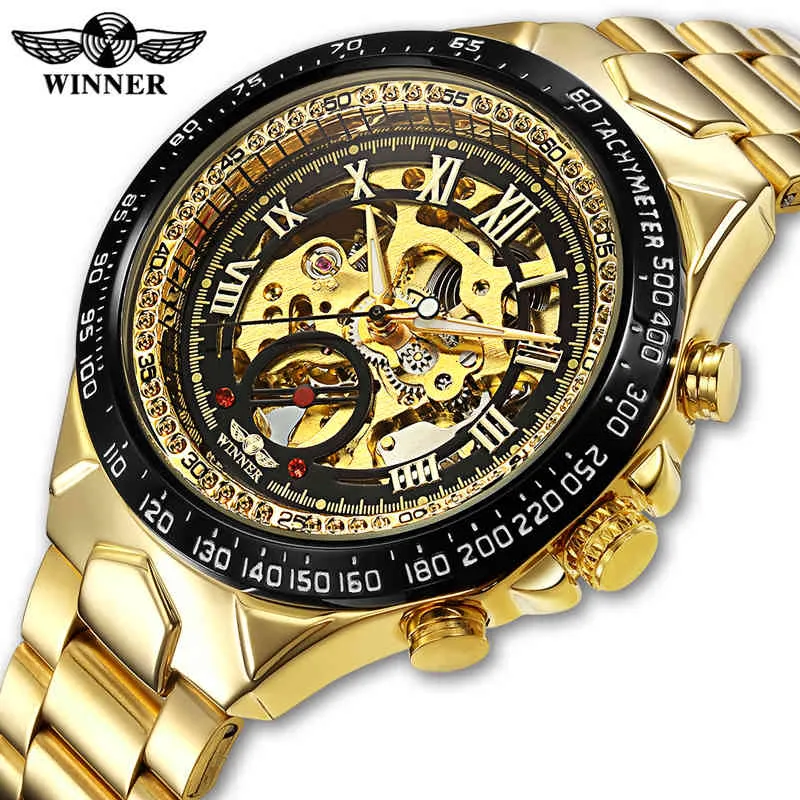 WINNER Men Watch Sport Design Bezel Golden Watch Mens Watches Top Brand Luxury Montre Homme Men Automatic Skeleton Watch 210517