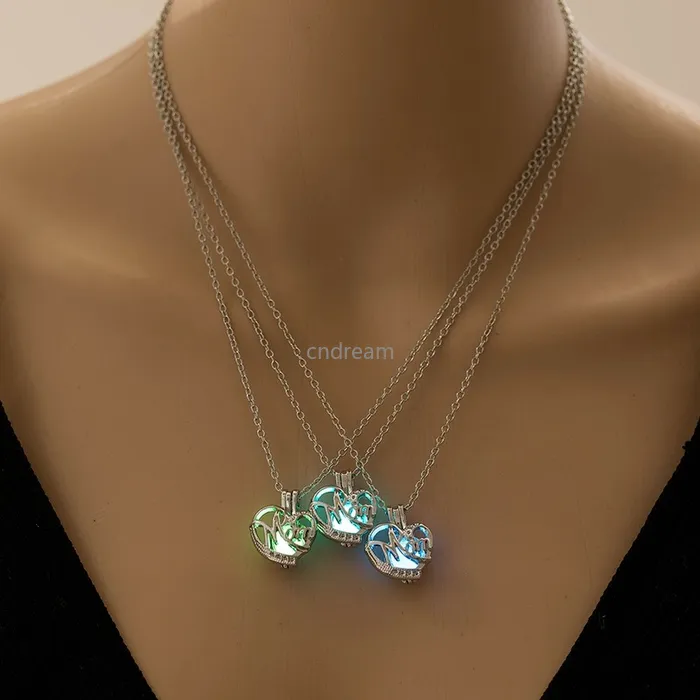 Heart Mom Necklace Glow In The Dark Blue Green Fluorescence Locket Necklaces Cage Pendant for Women Girls Fashion Jewelry Will and Sandy