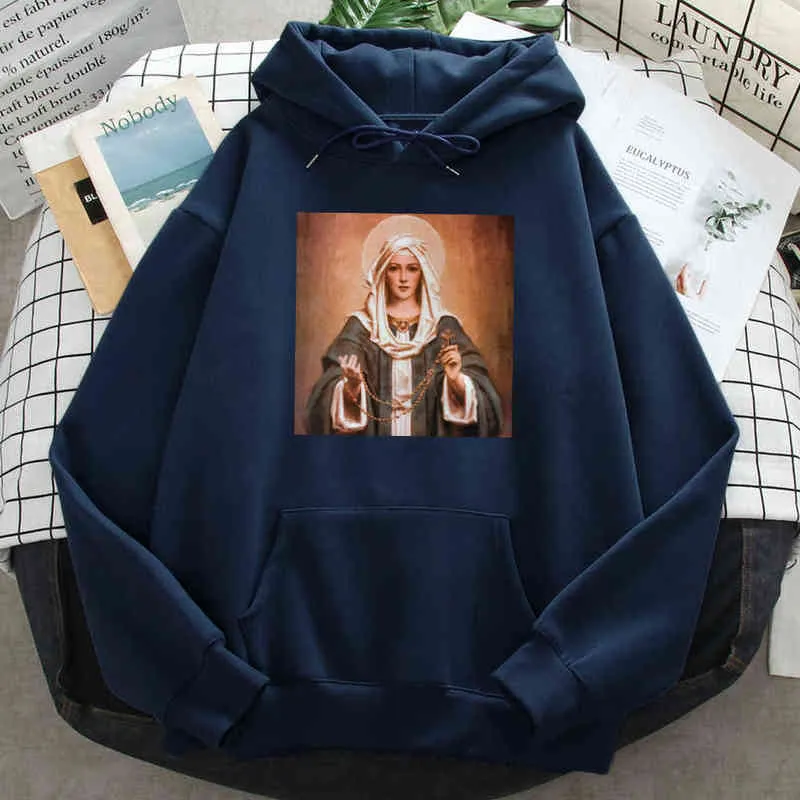 Our Lady Of The Rosary Prints Hoodies Mans Casual Cartoons Hoody Pockets Vintage Pullover Hip Hop Cartoon Man Cartoon Sweatshirt H1227