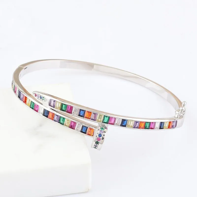 Luxe été cuivre arc-en-ciel CZ rond manchette bracelets multi couleurs cristal bracelets porte-bonheur pour les femmes mariage marque bijoux cadeaux bracelet