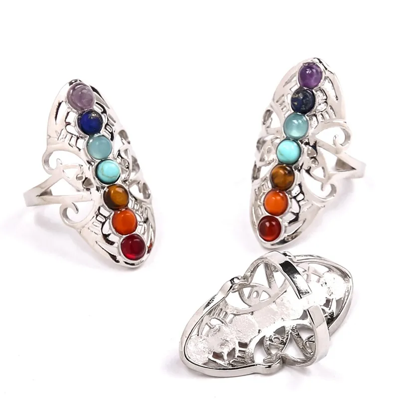 Natural Gemstone 7 Colors Chakras With Side Stones Exaggeration Rings Indian Yoga Chakra Hollow Flower Pattern Adjustable Alloy Ring Religious Reiki Heal Jewelry