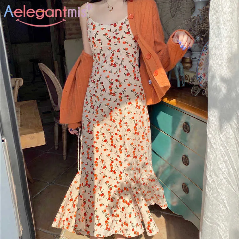 Alegantmis Sweet SpaghettiストラップフラワードレスファッションノースリーブトランペットMidi Dressビンテージフラワーパーティーサマーvestidos 210607