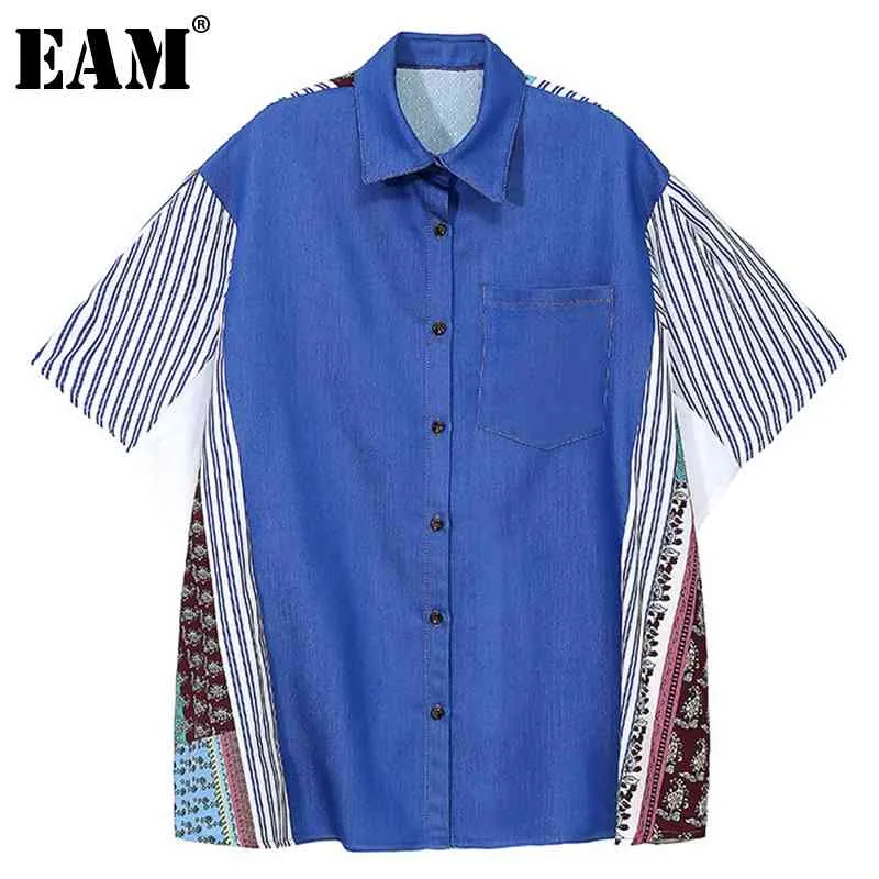 [Eam] Kvinnor Blå Stor Storlek Striped Spliced ​​Denim Blouse Lapel Kortärmad Lös Passform Skjorta Mode Vår Sommar 1DD6986 21512