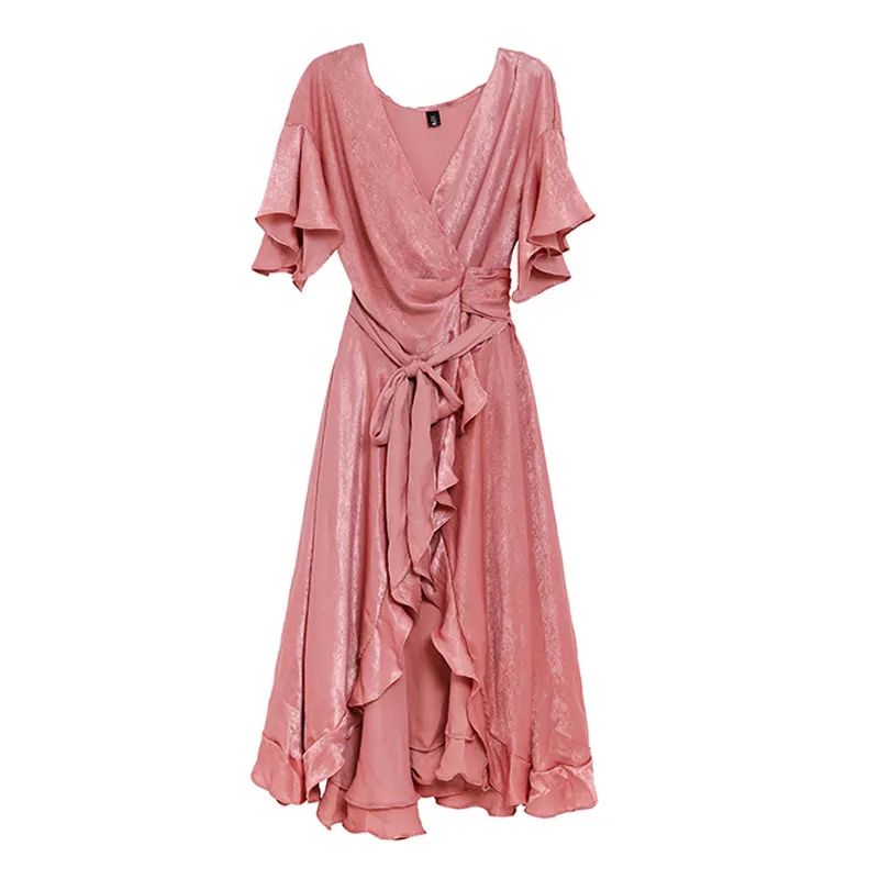 Różowy Czarny Ruffle Wrap Sukienka Pół Rękaw Split Maxi Długie Solidne Flare V Neck Summer D0702 210514