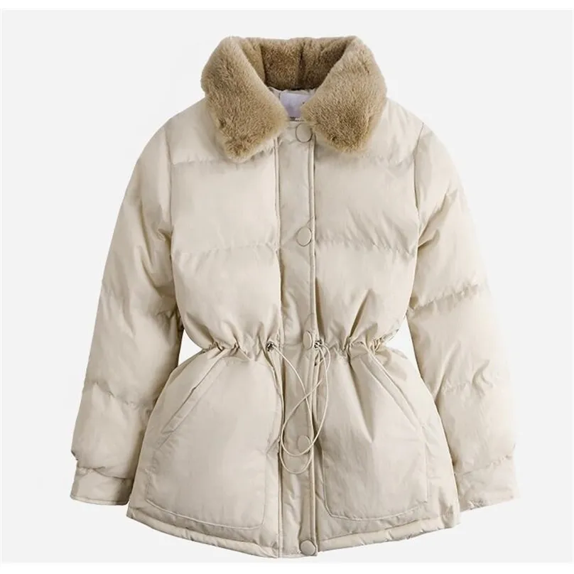 Kış Ceket Kadınlar Ince Pamuk Yastıklı Ceket Moda Kürk Yaka Rahat Parkas Tek Göğüslü Mont Kadın Kalın Sıcak Palto 211013